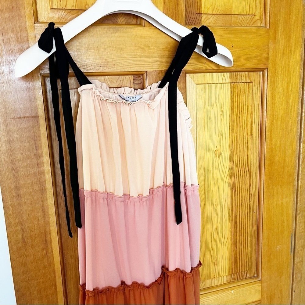 Color Block Maxi Dress Sz M Peach Black Brown Beach Boho Festival Hippie Ruffle - Picture 2 of 9